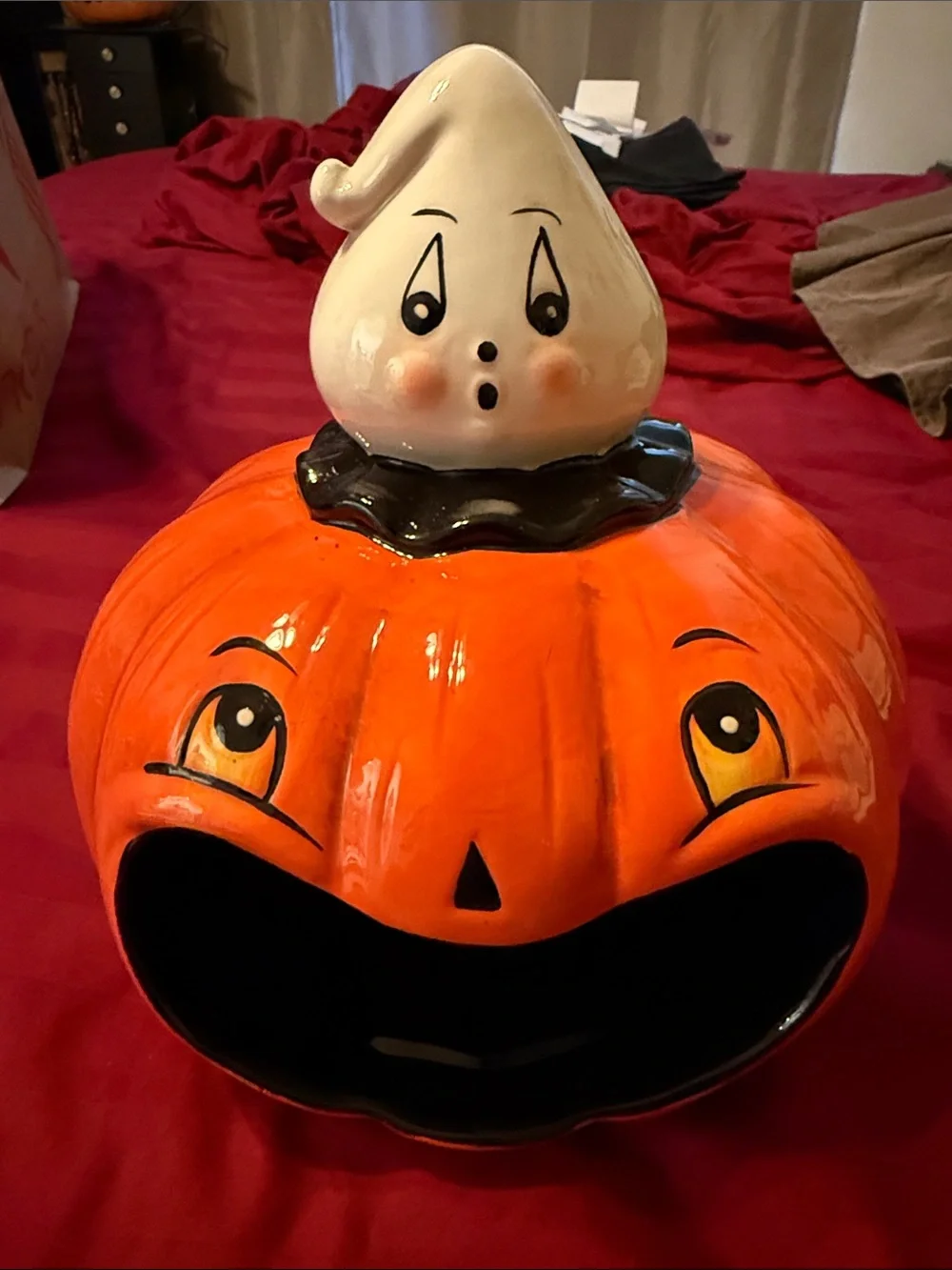 Johanna Parker Ceramic Pumpkin with Ghost Orange and White Holiday Retro Decor